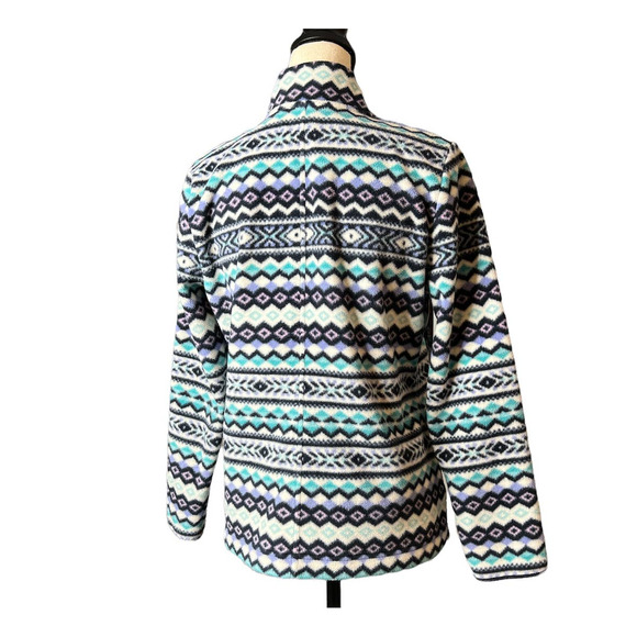 Talbots Fair Isle Aztec Print Fleece Jacket in Blue White Purple Size M Petite - Picture 3 of 5